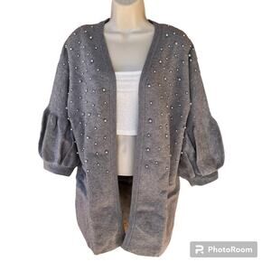 Christine Phillipe Open Cardigan Sweater Bishop 3/4 Sleeve w/ Pearls Gray sz M